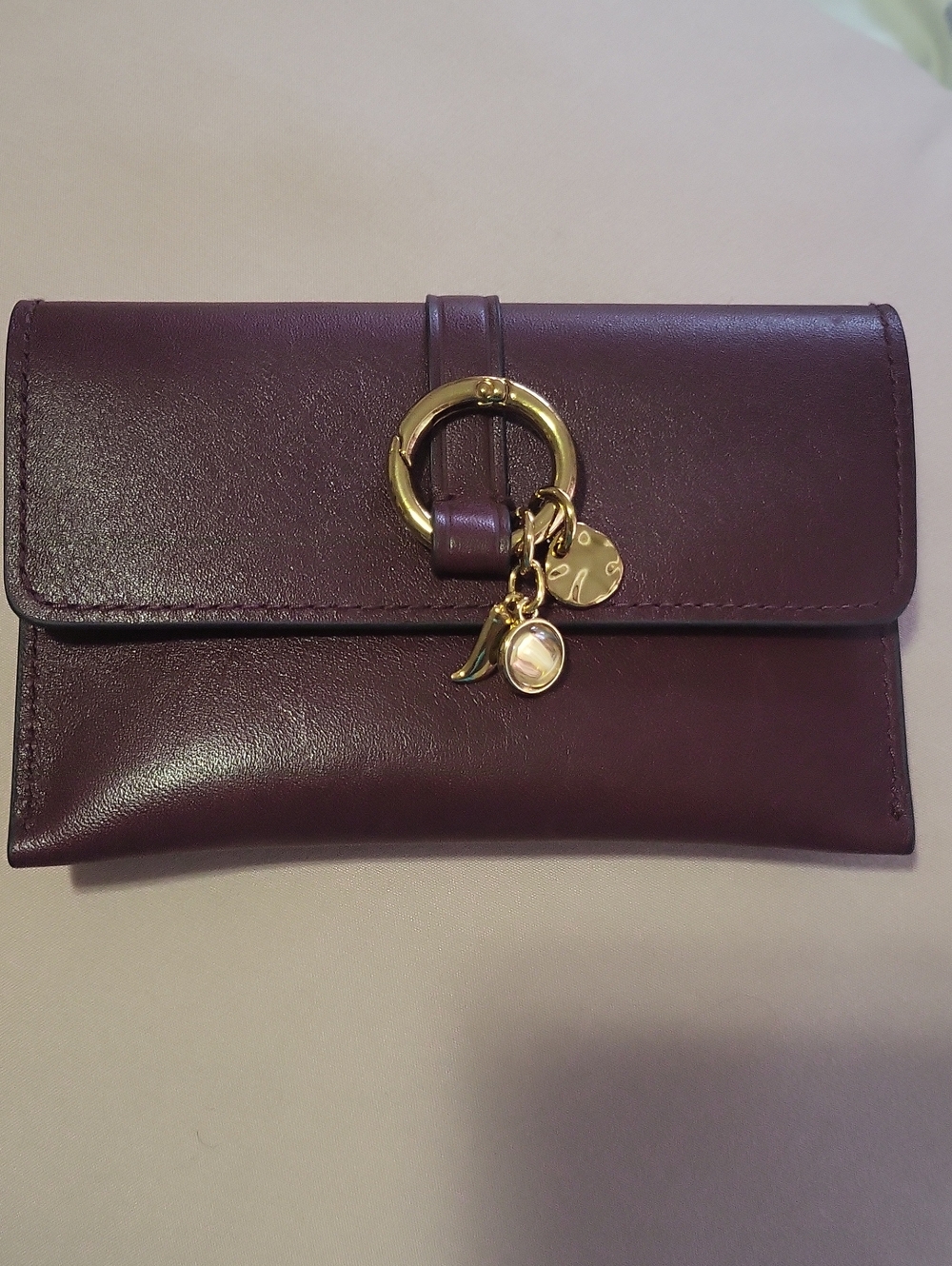 Burgundy Leather Wallet Clutch with Gold Ring Charm